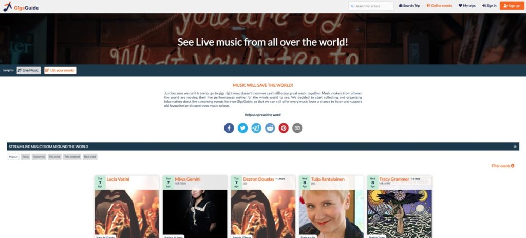 screenshot of gigs.guide